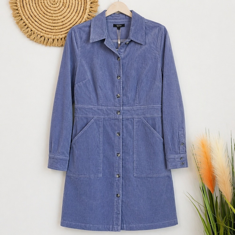 QUINCE NEW Nightshadow Blue Organic Stretch Corduroy Shirt Dress SZ Small Preppy - Picture 2 of 12
